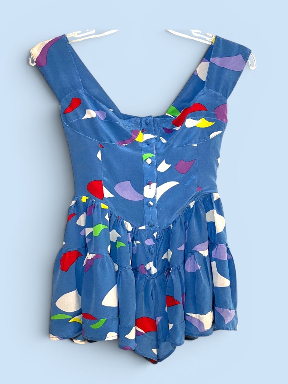 Vanessa Mooney Silk Romper Tiered Blue Abstract Print Size Small